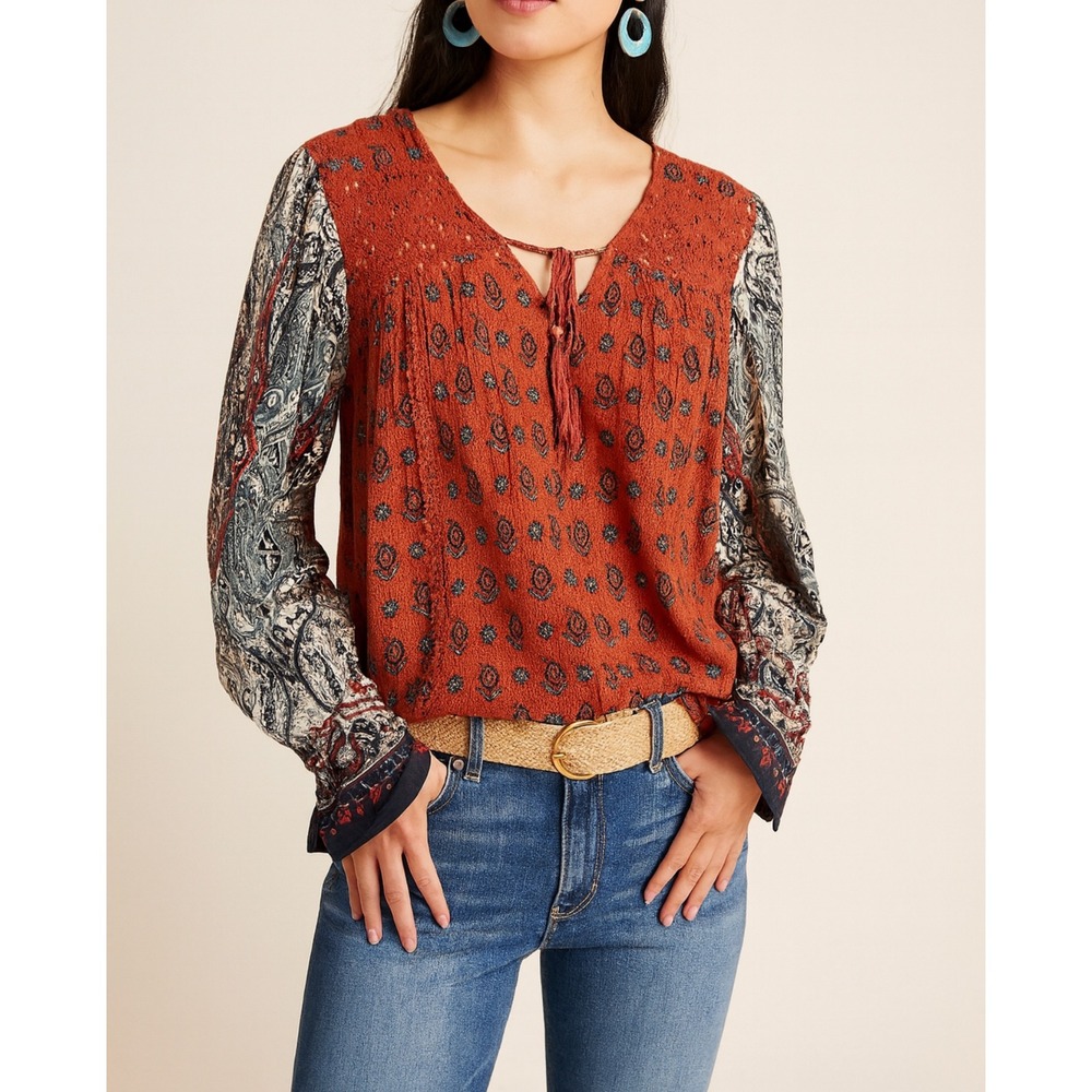 Anthropologie sz S Womens Patrons of Peace Crochet Tassle Flare Sleeve Top Boho